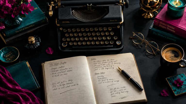 Dark aesthetic author workspace with vintage typewriter and manuscript pages for author branding.
